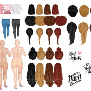 May include: A digital illustration of a family with different hair colors and styles. The illustration includes a mother, father, and children. The mother is wearing a pink shirt and jeans. The father is wearing a blue shirt and jeans. The children are wearing various outfits. The illustration includes the text "Girl Mom", "Mom", "Happy Mother's Day", "Best Mom Ever", and "Boy Mom".