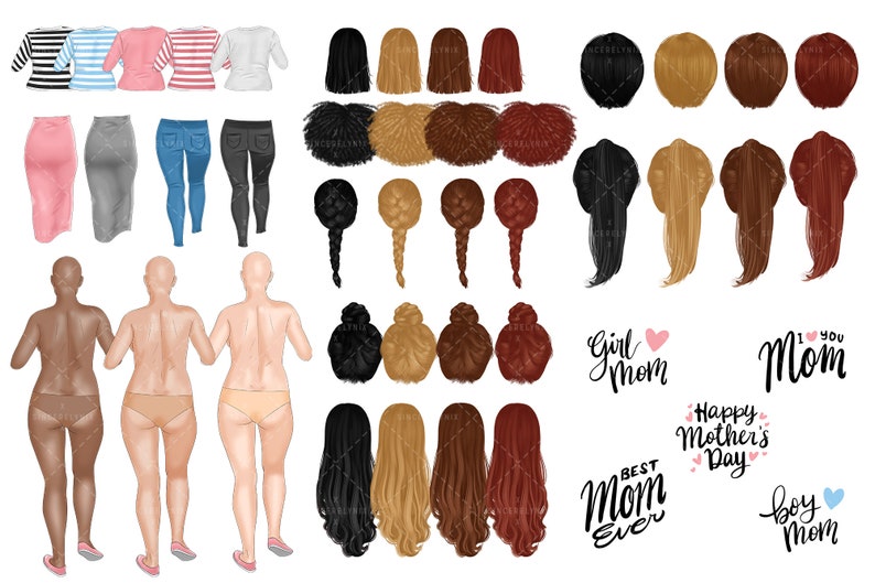 May include: A digital illustration of a family with different hair colors and styles. The illustration includes a mother, father, and children. The mother is wearing a pink shirt and jeans. The father is wearing a blue shirt and jeans. The children are wearing various outfits. The illustration includes the text "Girl Mom", "Mom", "Happy Mother's Day", "Best Mom Ever", and "Boy Mom".