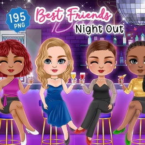 Mejores amigos Chibi bebiendo cócteles Clipart, linda noche de chicas, regalo personalizado para la hermana del alma, ilustraciones de cabello personalizables,