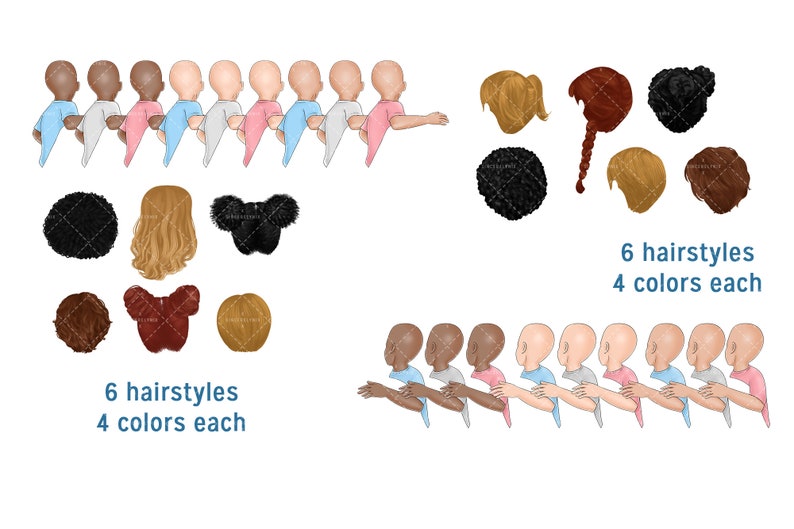 May include: A set of 24 digital illustrations of different hairstyles in four colors. The hairstyles are for babies and toddlers. The illustrations are perfect for creating custom designs for invitations, cards, and other projects.