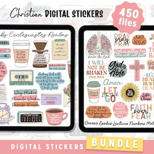 Könnte beinhalten: Ein digitales Sticker-Paket mit 450 Dateien mit christlichen Illustrationen und Zitaten. Die Sticker zeigen Bilder von Kaffeetassen, Blumen, Kreuzen und Schreibmaschinen. Der Text enthält Sätze wie "Gott ist fähig", "Lass dein Licht scheinen" und "Mehr beten, weniger sorgen".