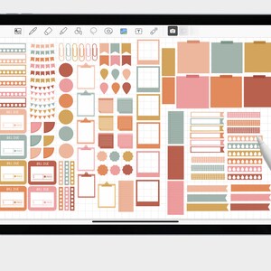 May include: A digital tablet screen displaying a variety of colorful digital stickers. The stickers include different shapes, sizes, and patterns, including circles, squares, rectangles, and stripes. The stickers are in shades of pink, orange, brown, yellow, and green. The stickers are arranged in a grid pattern on the screen. The text "BILL DUE" appears on several of the stickers.