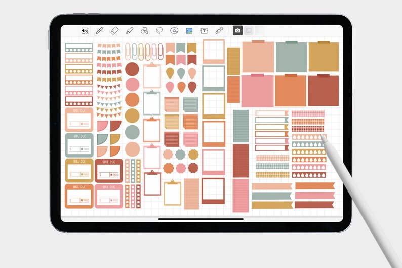 May include: A digital tablet screen displaying a variety of colorful digital stickers. The stickers include different shapes, sizes, and patterns, including circles, squares, rectangles, and stripes. The stickers are in shades of pink, orange, brown, yellow, and green. The stickers are arranged in a grid pattern on the screen. The text "BILL DUE" appears on several of the stickers.