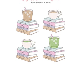 Bookish Girly Clipart, Coffee Lover, Matcha Latte,  Pink Illustration, PNG, Sublimation, Tea Lover, Art, for Shirt, DTF,