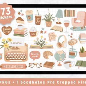 Könnte beinhalten: Eine digitale Illustration von 173 Stickern mit einem Bücherliebhaber-Thema. Die Sticker enthalten Bilder von Büchern, Kaffeetassen, einer Schreibmaschine, einem Globus, einer Lampe, einem Stuhl, einem Croissant und vielem mehr. Der Text "#BIBLIOPHILE" ist im Bild enthalten.