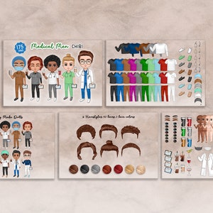 May include: A digital clipart set of 175 PNG images featuring medical men in chibi style. The set includes 10 ready-made dolls, 6 hairstyles, 43 hair colours, and various clothing and accessories.