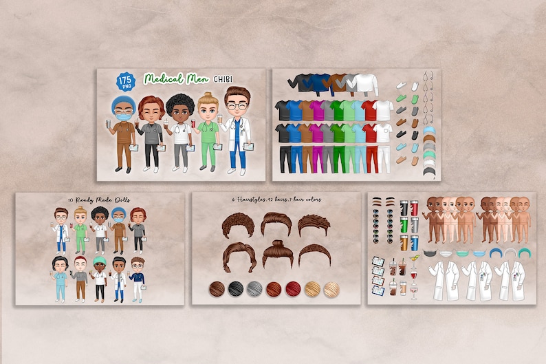 May include: A digital clipart set of 175 PNG images featuring medical men in chibi style. The set includes 10 ready-made dolls, 6 hairstyles, 43 hair colours, and various clothing and accessories.
