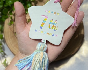 Personalised Age Birthday Balloon Clay Keepsake, Birthday Hanging Ornament, Special Birthday Gift, Clay Keepsake, Childrens Birthday Gift,