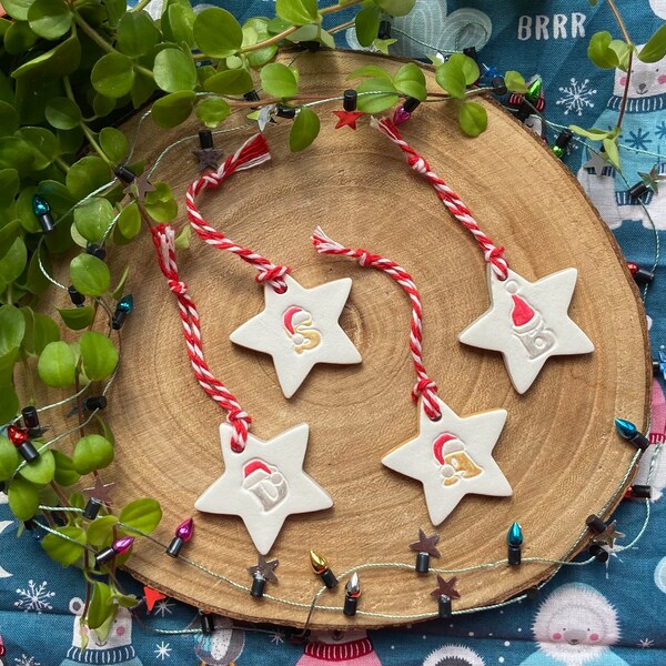 Personalised Santa Hat Christmas Initial Ornament, Christmas Clay Tag, Small Christmas Tree Decoration, Personalised Gift Tag,