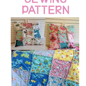 Peut inclure: L'image présente un patron de couture de courtepointe en chiffon. Le texte "Rag QUILT SEWING PATTERN" est affiché dans des lettres colorées et ludiques. L'image comprend des exemples de courtepointes finies avec des tissus à motifs floraux. Le texte "by gemma stitch 2020" est également visible.