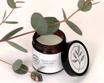 Bálsamo muscular: Alivio natural para músculos y articulaciones doloridas. Mezcla artesanal de aceites esenciales de aromaterapia para ungüento deportivo en frascos de vidrio reciclables de 30/60 g.