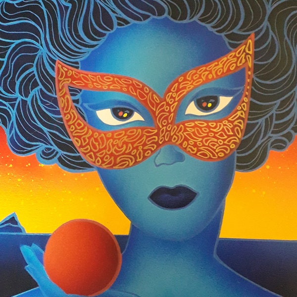 Kino Mistral - "The Golden Mask under the moon" - signed oil and acrylic on canvas