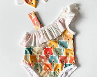 Kids swimwear, baby swimsuit, girl swimwear, swimsuit with bears for baby girls, one piece swimsuit girl