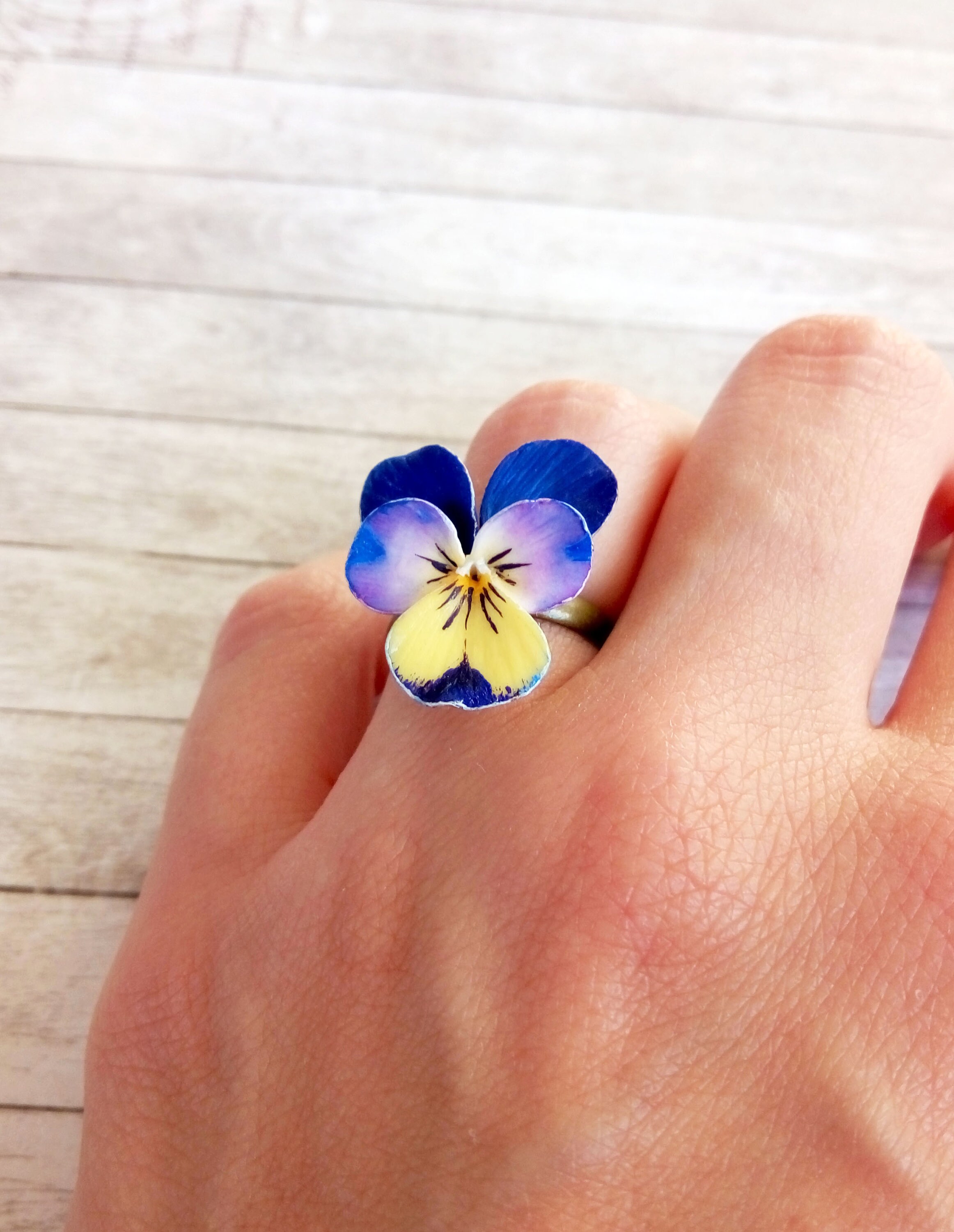 Pansy ring Blue yellow flower midi ring Adjustable botanical Etsy