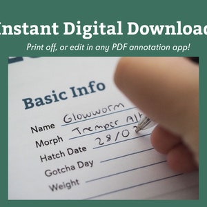 Puede incluir: Un primer plano de un formulario titulado "Basic Info" con entradas escritas a mano para "Name", "Morph", "Hatch Date", "Gotcha Day" y "Weight". El formulario se est&aacute; rellenando con un bol&iacute;grafo.