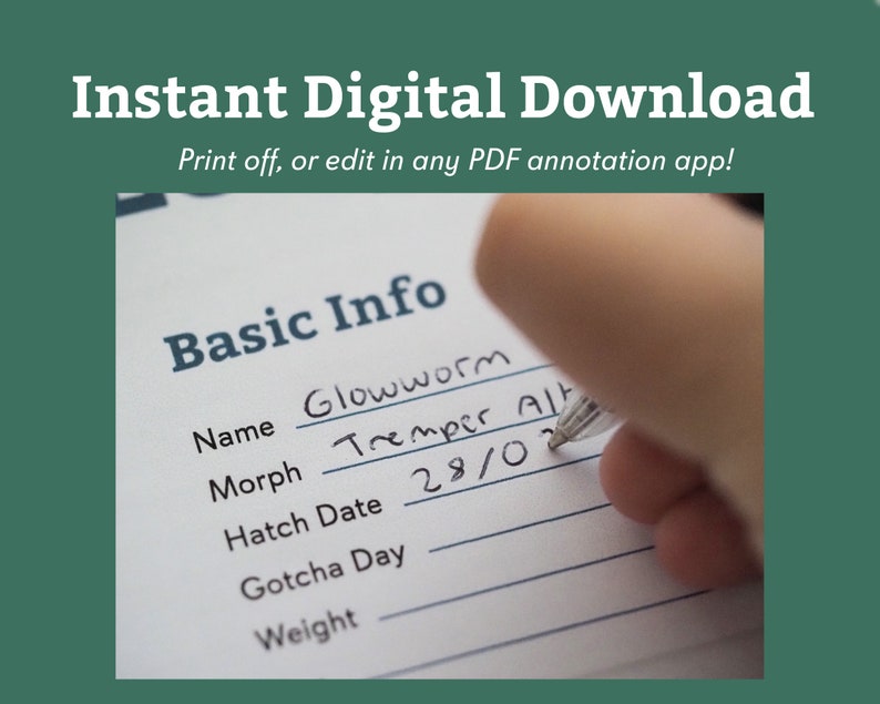 Puede incluir: Un primer plano de un formulario titulado "Basic Info" con entradas escritas a mano para "Name", "Morph", "Hatch Date", "Gotcha Day" y "Weight". El formulario se est&aacute; rellenando con un bol&iacute;grafo.