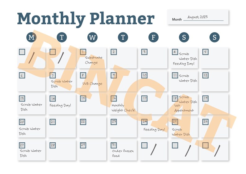 Puede incluir: Un planificador mensual con fondo blanco y encabezado azul claro. El encabezado dice "Planificador mensual" y tiene una secci&oacute;n para el mes y el a&ntilde;o. El planificador est&aacute; dividido en d&iacute;as de la semana, con cada d&iacute;a teniendo un cuadro para tareas o citas. El planificador tiene una superposici&oacute;n naranja claro con la palabra "BRINGCAT" escrita en &eacute;l.