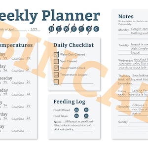 Puede incluir: Un planificador semanal para un due&ntilde;o de reptiles, con secciones para la lista de verificaci&oacute;n diaria, el registro de alimentaci&oacute;n y el seguimiento de la temperatura. El planificador incluye notas para cada d&iacute;a de la semana, como "&iexcl;Atrapado tomando el sol abiertamente bajo UVB!" y "Se ofreci&oacute; una rata peque&ntilde;a. Parec&iacute;a interesada, pero no atac&oacute;."