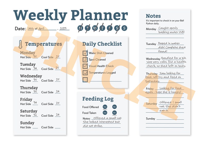 Puede incluir: Un planificador semanal para un due&ntilde;o de reptiles, con secciones para la lista de verificaci&oacute;n diaria, el registro de alimentaci&oacute;n y el seguimiento de la temperatura. El planificador incluye notas para cada d&iacute;a de la semana, como "&iexcl;Atrapado tomando el sol abiertamente bajo UVB!" y "Se ofreci&oacute; una rata peque&ntilde;a. Parec&iacute;a interesada, pero no atac&oacute;."