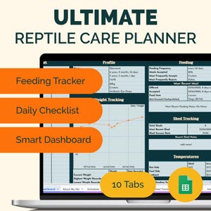 Puede incluir: Una pantalla de computadora portátil que muestra un planificador digital para el cuidado de reptiles. El planificador tiene pestañas para el seguimiento de la alimentación, la lista de verificación diaria, el tablero inteligente, el seguimiento del peso, el seguimiento de la muda y las temperaturas. El planificador tiene un esquema de color verde y naranja.