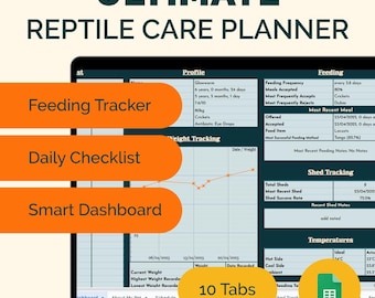 Hoja de cálculo para el cuidado y la salud de reptiles / Rastreador 10 en 1 para dueños de geckos y mascotas exóticas / Plantilla de Hojas de Cálculo de Google
