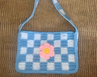 Checkerboard Crochet Shoulder Bag with Daisy Appliqué