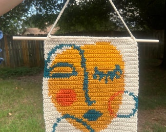 Abstract Face Crochet Wall Hanging Tapestry