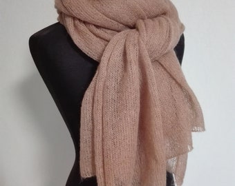 Knitted natural mohair scarf - Mohair lace shawl - Long and wide scarf-Creamy dark blue scarf