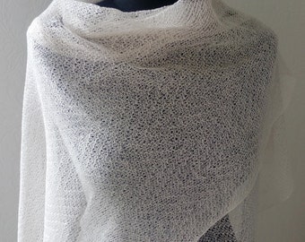 Knitted natural creamy linen scarf - Linen beige lace shawl - Sky blue long and wide scarf