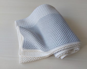 Merino wool baby blanket-Natural handmade baby blanket-Newborn knitted blanket-Gray white creamy blue ivory throw
