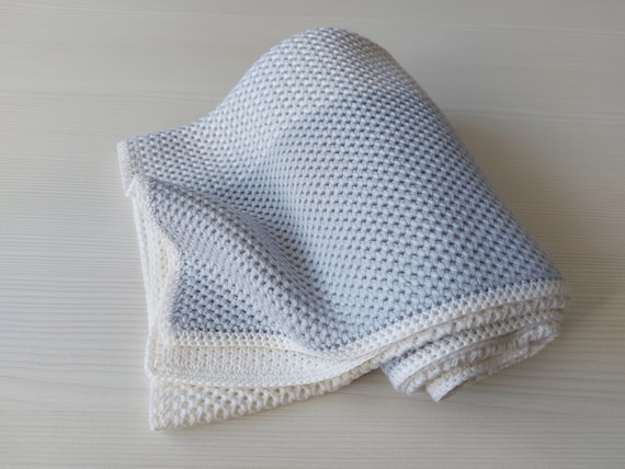 Merino wool baby blanket-Natural handmade baby blanket-Newborn knitted blanket-Gray white creamy blue ivory throw