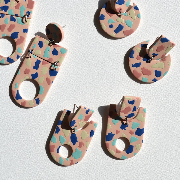 SAMPE SALE Modern terrazzo earrings in pastel pink Handcrafted colorful earrings in geometric shapes