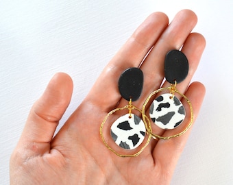 Monochrome minimal earrings in kinetic design Small terrazzo earrings Handmade artistic polymer clay jewelry