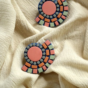 Geometric mosaic earrings Large colorful polymer clay studs Funky handmade statement earrings