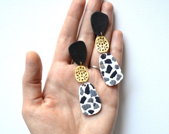 Modern terrazzo earrings in black and white Bold marble earrings with gold charms Handmade polymer clay jewelry Delicate evening earrings