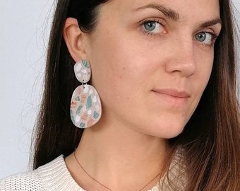 Bold chunky calm tones earrings inspired by terrazzo Large statement earrings in organic shapes