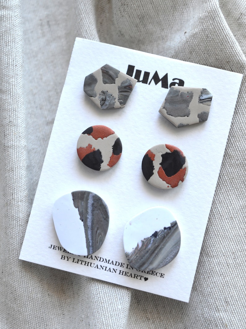 Simple studs pack Small marble earrings Handmade polymer clay jewelry Geometric tiny earrings Minimal everyday studs Fun abstract studs image 2