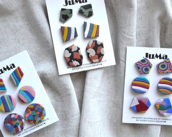 Funky studs pack Small colorful earrings Handmade polymer clay jewelry Geometric tiny earrings Minimal everyday studs Fun abstract art studs