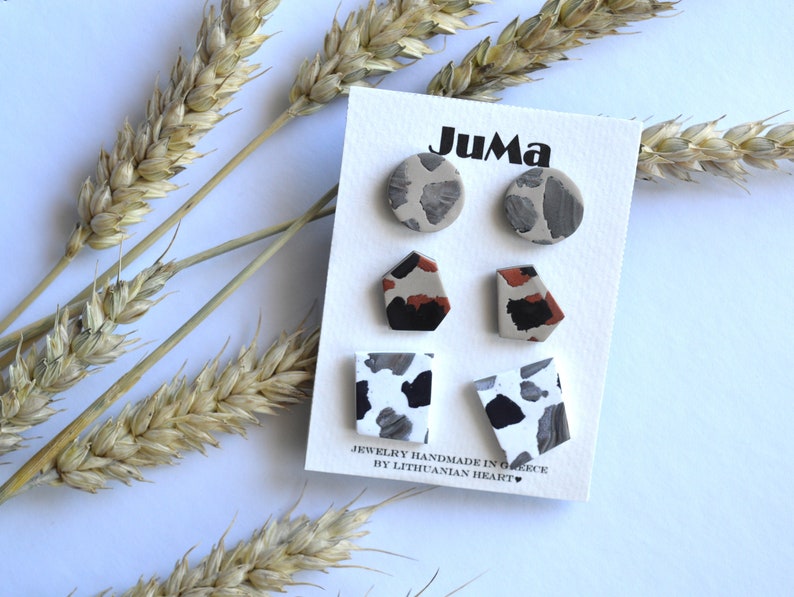 Simple studs pack Small marble earrings Handmade polymer clay jewelry Geometric tiny earrings Minimal everyday studs Fun abstract studs image 8