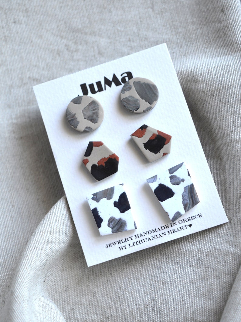 Simple studs pack Small marble earrings Handmade polymer clay jewelry Geometric tiny earrings Minimal everyday studs Fun abstract studs image 4