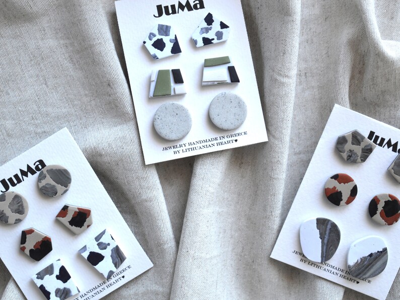 Simple studs pack Small marble earrings Handmade polymer clay jewelry Geometric tiny earrings Minimal everyday studs Fun abstract studs image 1