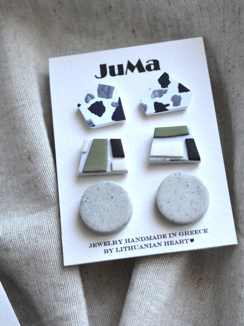 Simple studs pack Small marble earrings Handmade polymer clay jewelry Geometric tiny earrings Minimal everyday studs Fun abstract studs image 3