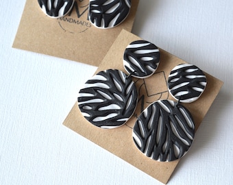 Carved earrings in black and white Bold textured artistic statement earrings Handmade polymer clay jewelry