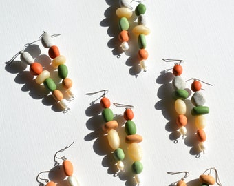 Colorful long beaded earrings inspired by pebbles Dainty pearl earrings in earthy tones Polymer clay statement earrings