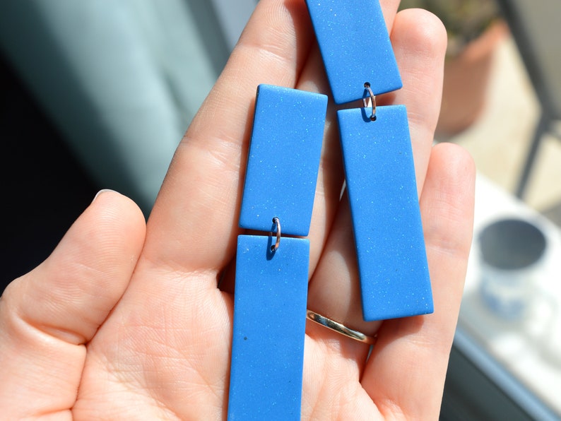 Long geometric sparkly earrings Bold light statement handcrafted earrings Minimal polymer clay jewelry image 3