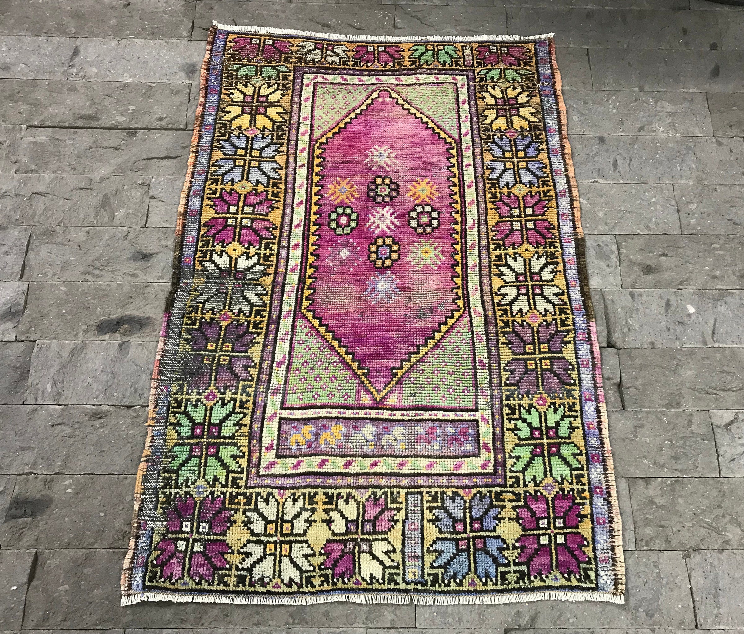 Tapis Oushak Violet, 2.7x3.9Ft, Tapis Turc Unique, Coureur Rose, Fait à La Main, Pourpre Urban Runne