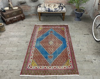 Persian Rug, 3.5x5.9ft, Mid Century Modern, Geometric Rug, Turkish Rug, Minimalist Rug, Fathers Day Gift, 4x6 Rug, Bohemian Rug, Area Rug