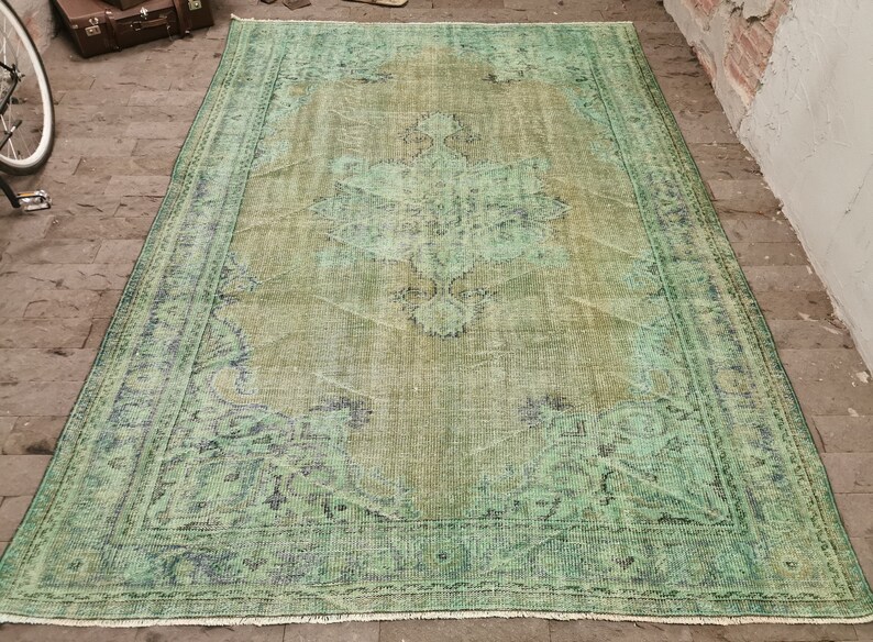 Turkish Rug 6 8x9 5ft Lowpile Distressed Oushak Green Area Orange Saloon Large Size Overdyed Urban