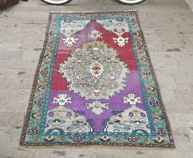 Urban Rug Distressed Rug Unique Oushak Rug Handmade Rug Runner Rug Antique Rug Boho Rug Turkish Rug Purple Accent Rug 4x5.8ft