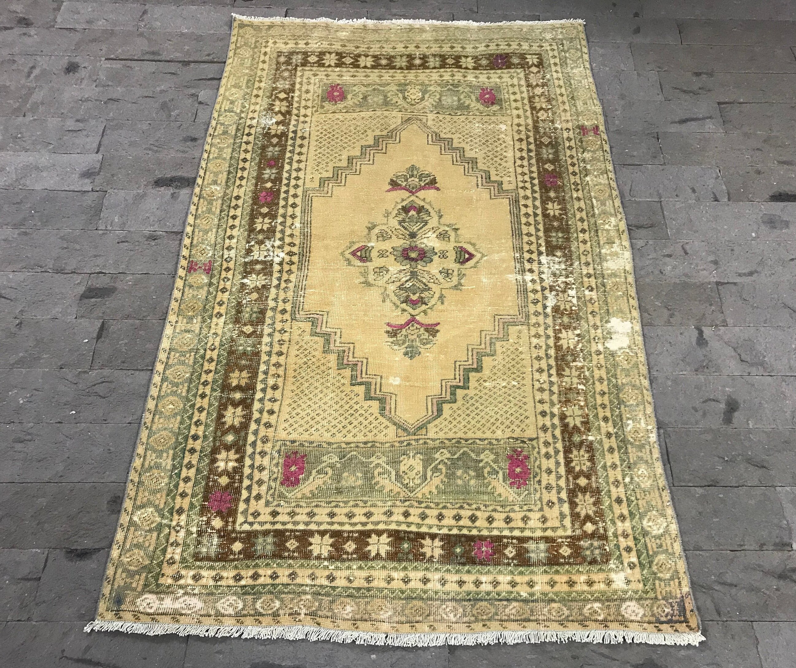 Tapis Oushak Beige, Tapis 3.3x5.5Ft, Antique, Cappadoce, Runner, Turc, Boho, Beige Oushak, Urbanrug
